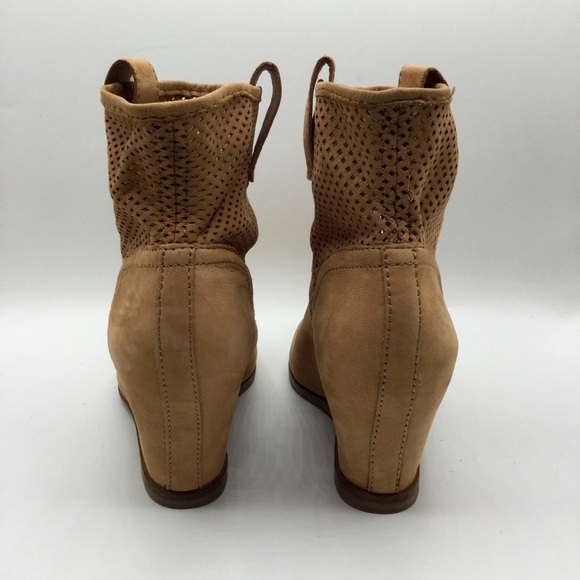 LUCKY Brand Keno Perforated Dark Camel Suede Leather Wedge Bootie Size 10 - Picture 6 of 11
